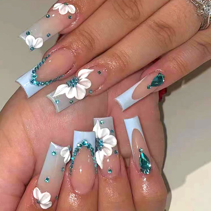 Floral-Designed Press-On Nail Set with Decorative Gem Accents Stornfield
