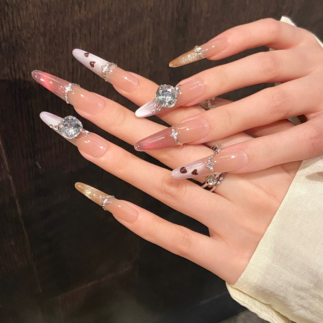 Glamorous Press-On Nail Set with Sparkling Gem Accents