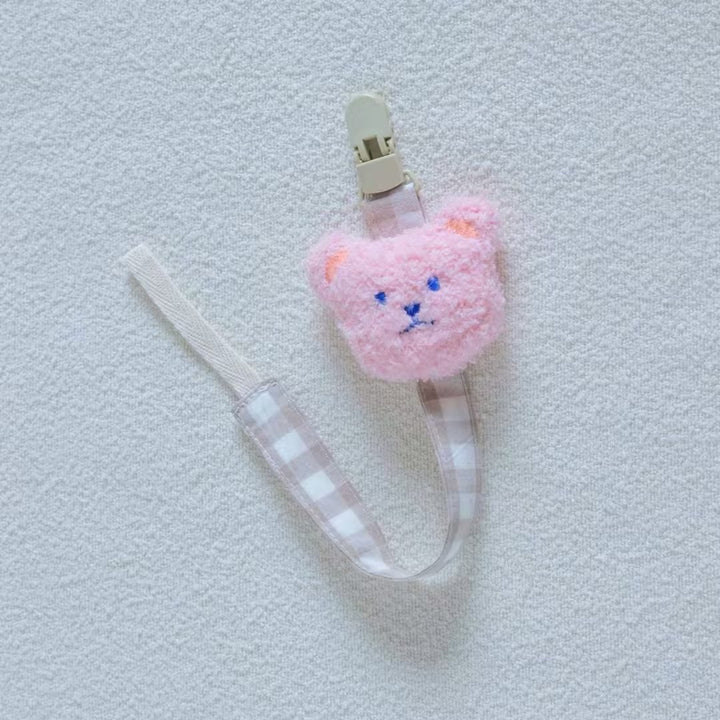 Cotton Gingham Pacifier Clip with Plush Bear Applique and Quick-Release Safety Clip