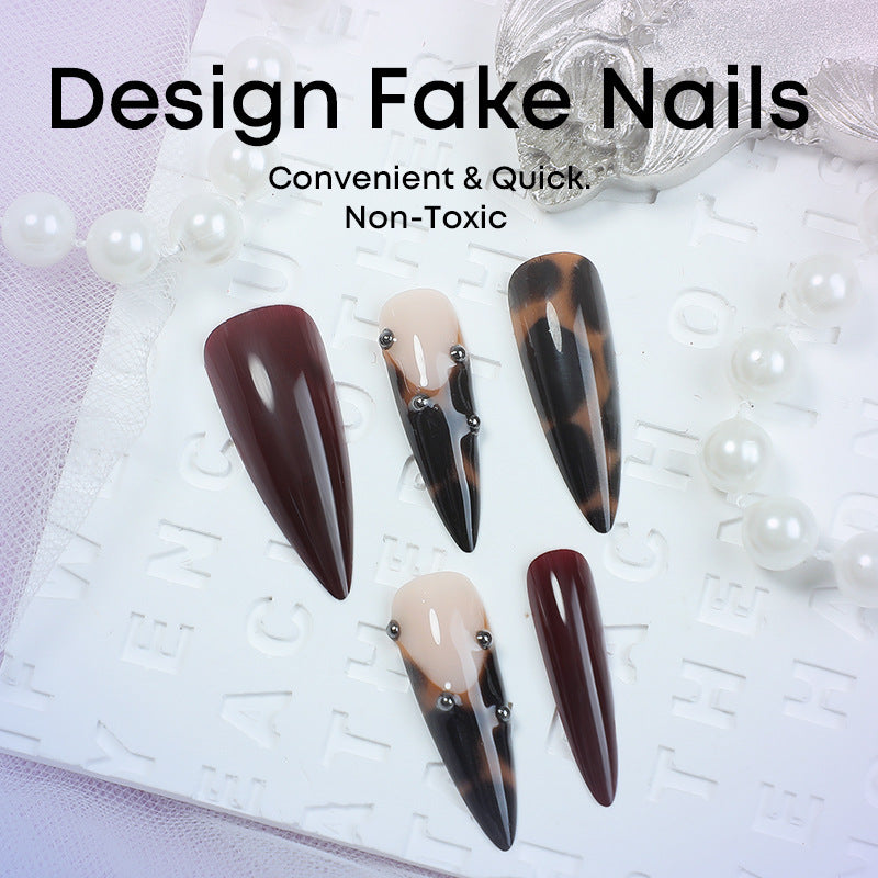 Artificial nail set with elegant leopard and burgundy design Stornfield