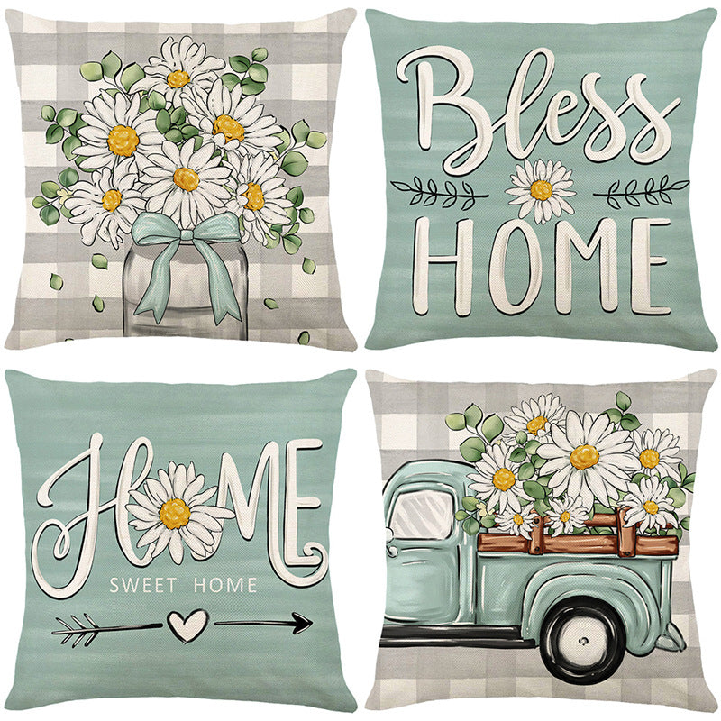 Decorative Throw Pillow with Farmhouse Bless Home Script and Daisy Accent