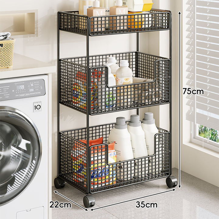 Compact Triple-Tier Wire Mesh Rolling Utility Cart with Locking Casters