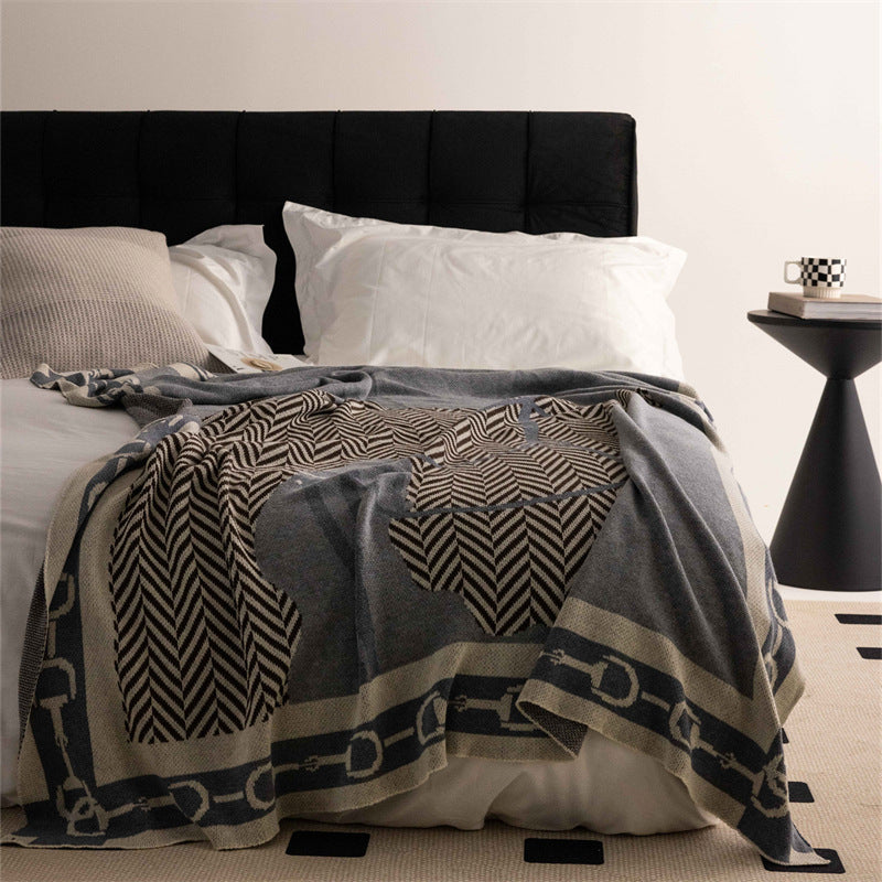Oversized Jacquard Herringbone Knit Bed Throw with Equestrian Bit Border