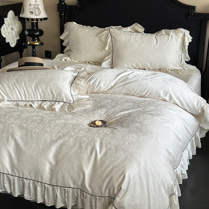 Luxurious bedding set with ruffles and jacquard pattern