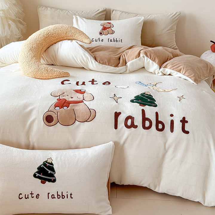 Plush Embroidered Duvet Cover Set with Rabbit Appliqué & Decorative Pillow Shams