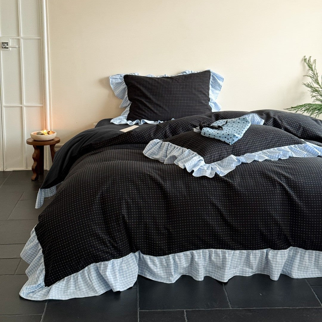 Ruffled Gingham-Trim Cotton Duvet Cover Set