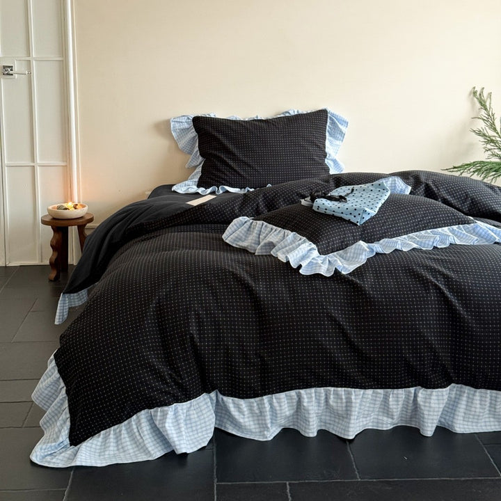 Ruffled Gingham-Trim Cotton Duvet Cover Set