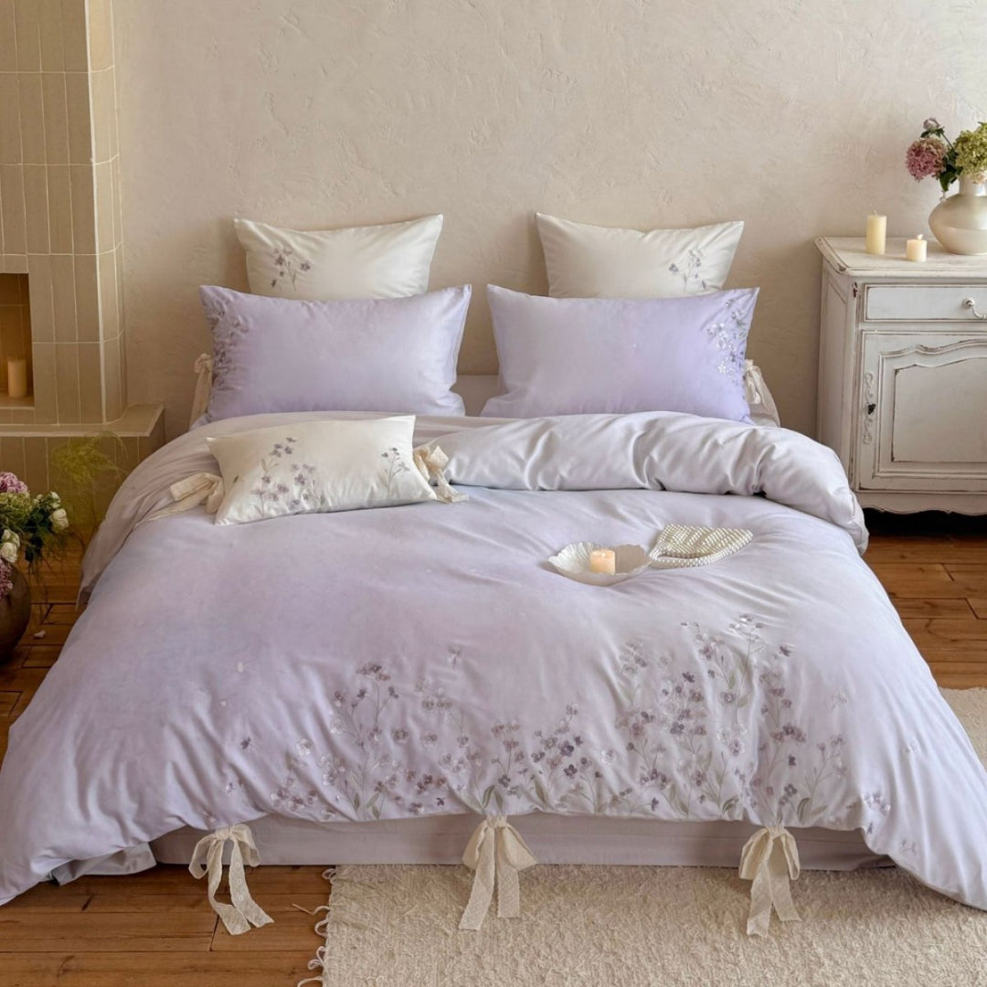 Embroidered Linen Blend Duvet Cover Set with Decorative Corner Ties