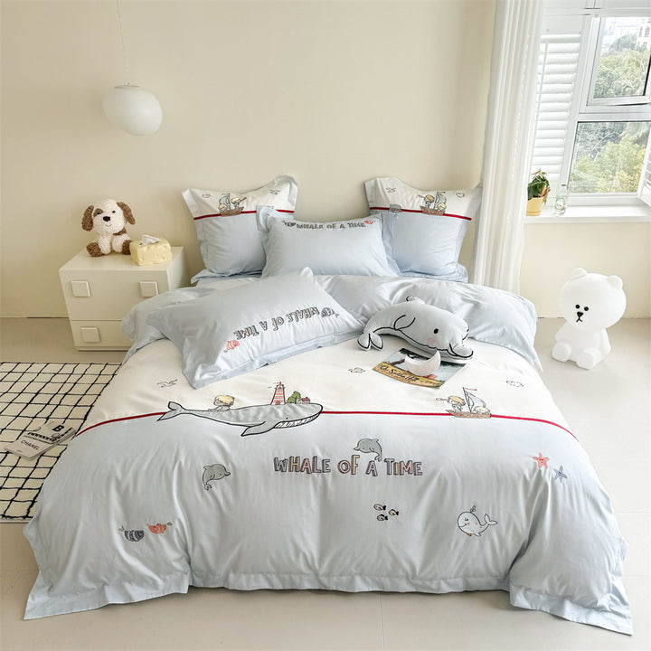Children's Cotton Sateen Whale-Illustration Duvet Cover Set with Pillow Shams and Plush Accent Cushion