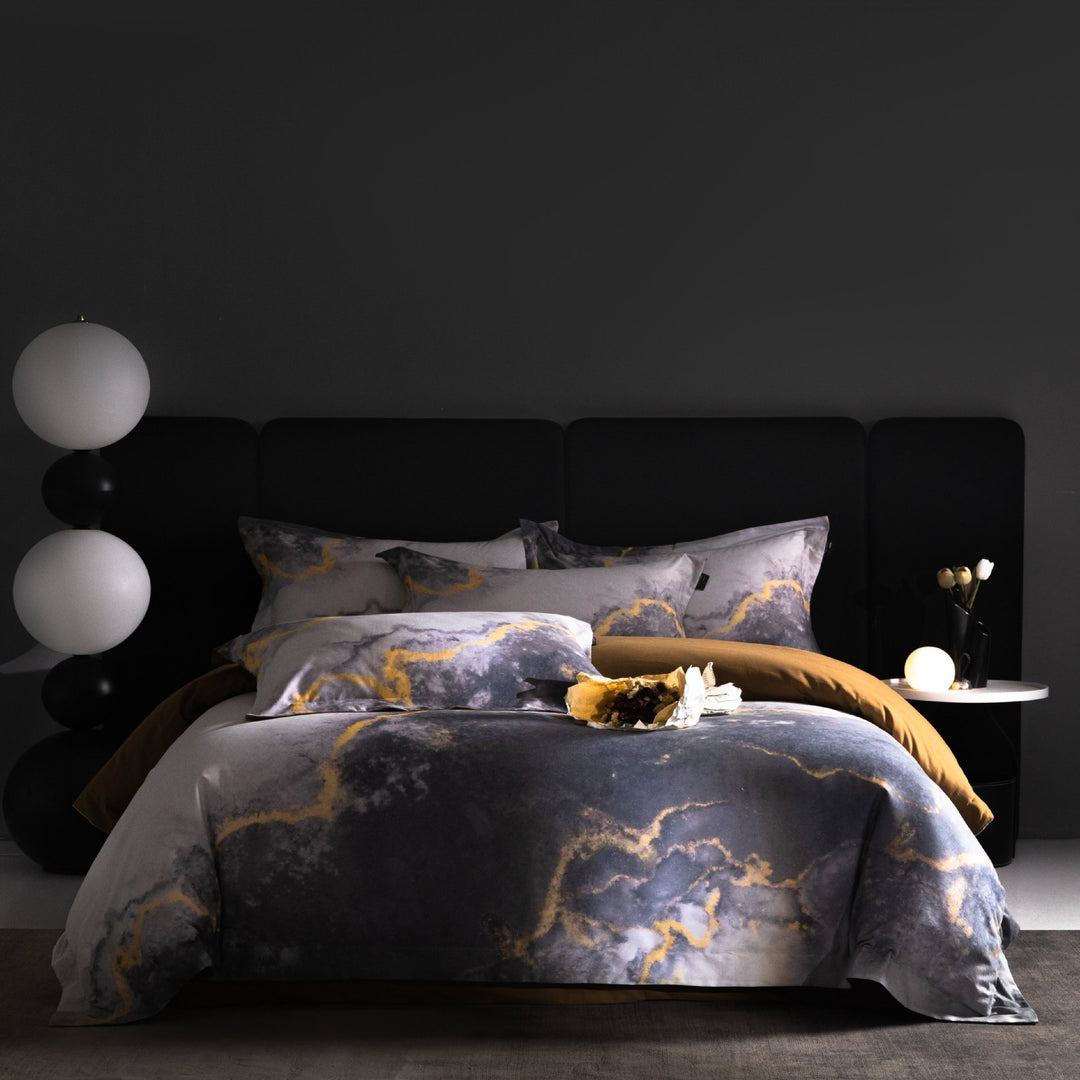 Marble-Effect Cotton Sateen Duvet Cover Set with Pillow Shams and Hidden Zipper