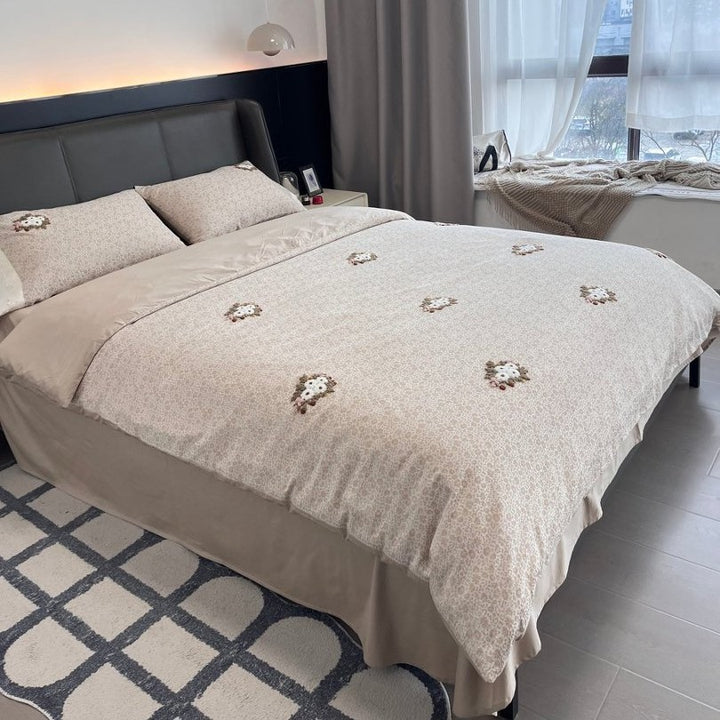 Embroidered Floral Cotton-Sateen Duvet Cover Set with Skirted Fitted Sheet and Matching Pillow Shams