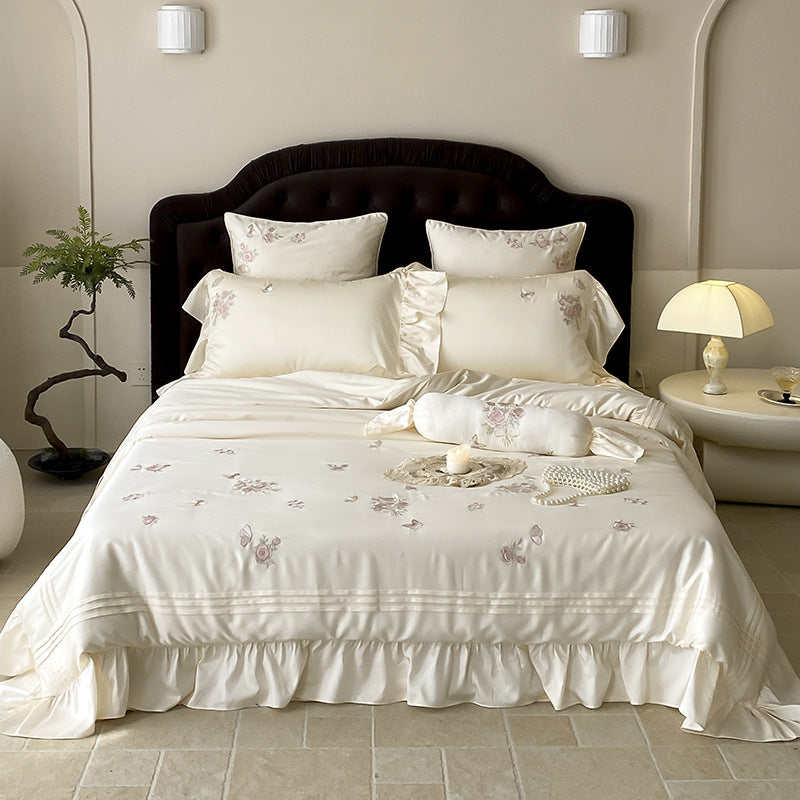 Satin-Effect Embroidered Rose Duvet Cover Set with Ruffled Hem & Decorative Shams