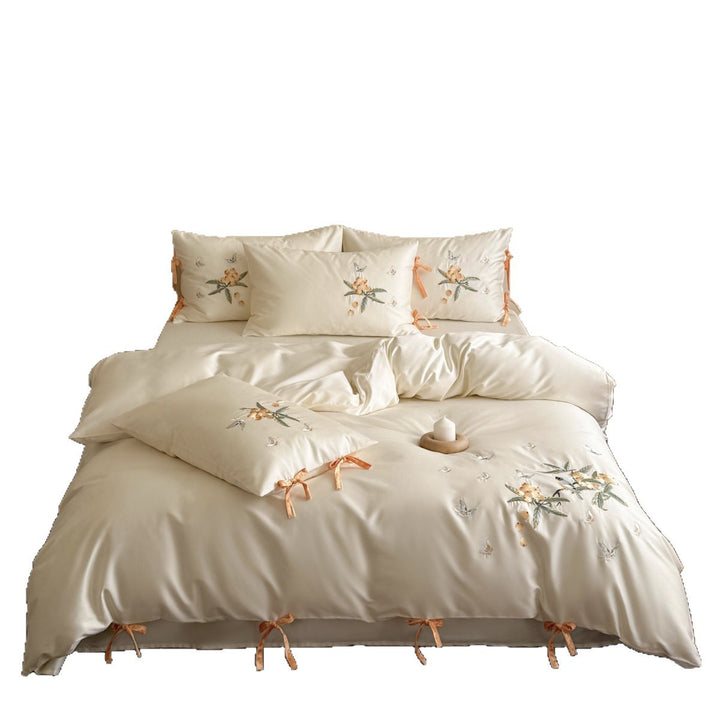 Luxury Embroidered Satin Duvet Cover Set with Botanical Bird Motif and Velvet Tie Closures