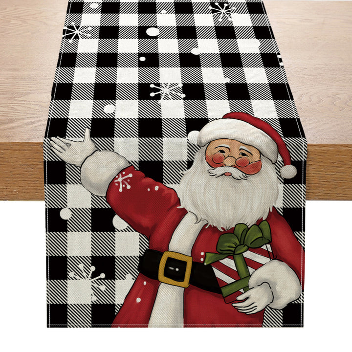 Buffalo-Edge Cotton-Linen Christmas Table Runner with Merry Christmas Tree Art