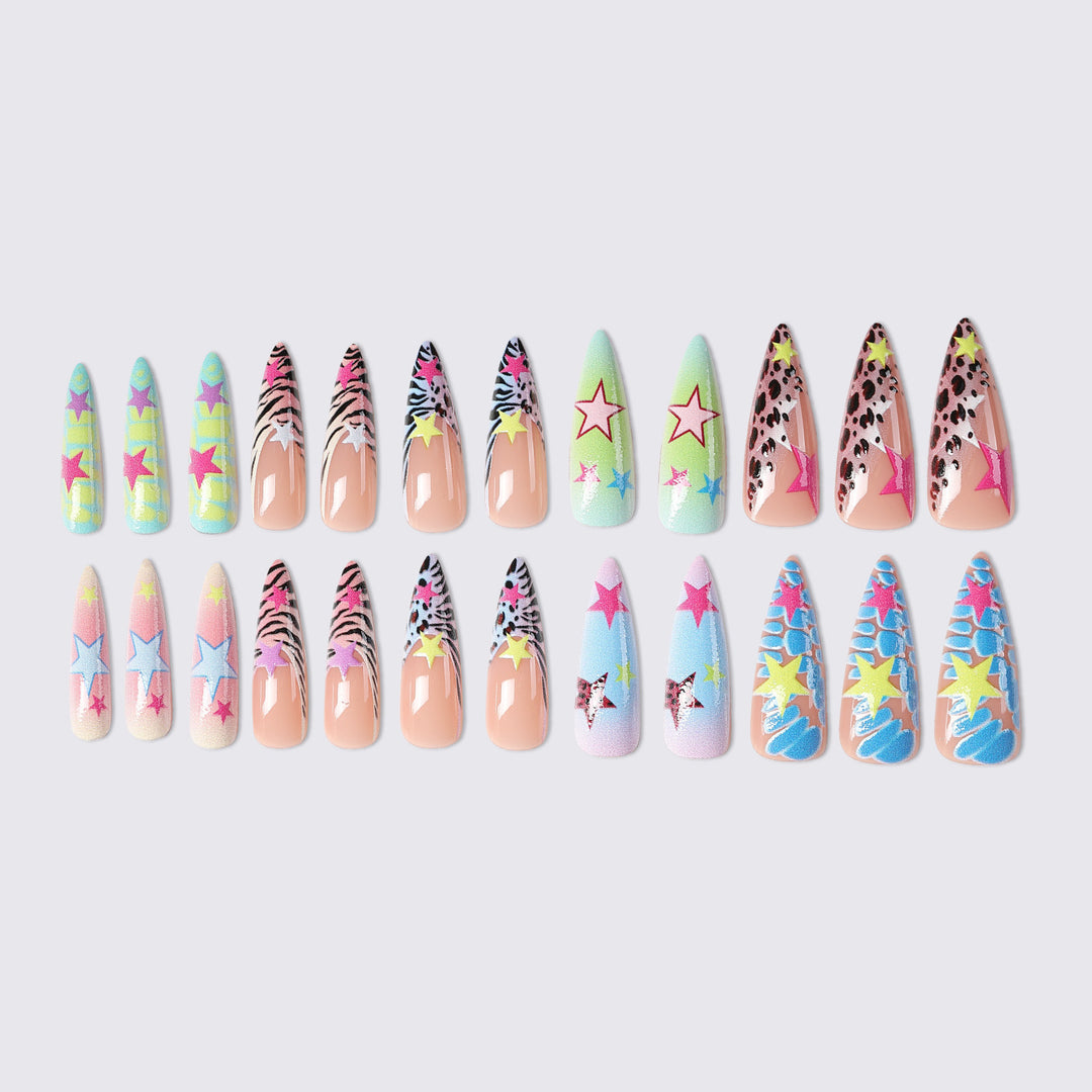 Artistic Press-On Nail Set with Colorful Star Patterns Stornfield