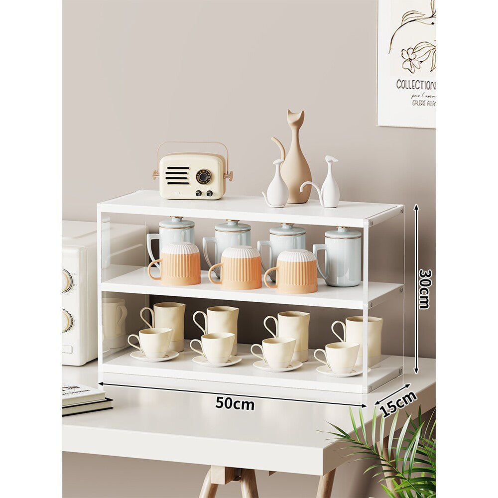 Compact Multi-Level Countertop Cup and Mug Display Shelf with Bamboo Shelves and Transparent Sides