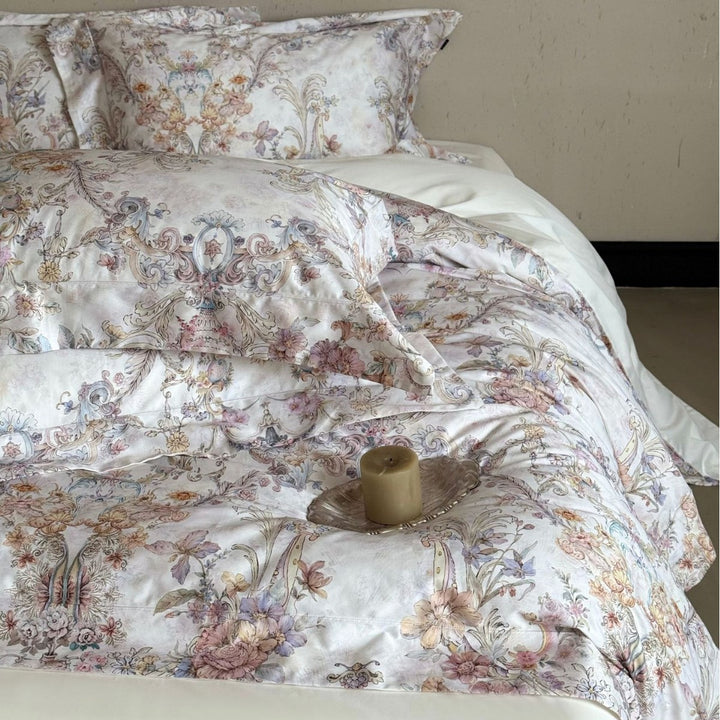 Vintage Floral Cotton Sateen Duvet Cover Set with Reversible Print and Envelope Closure