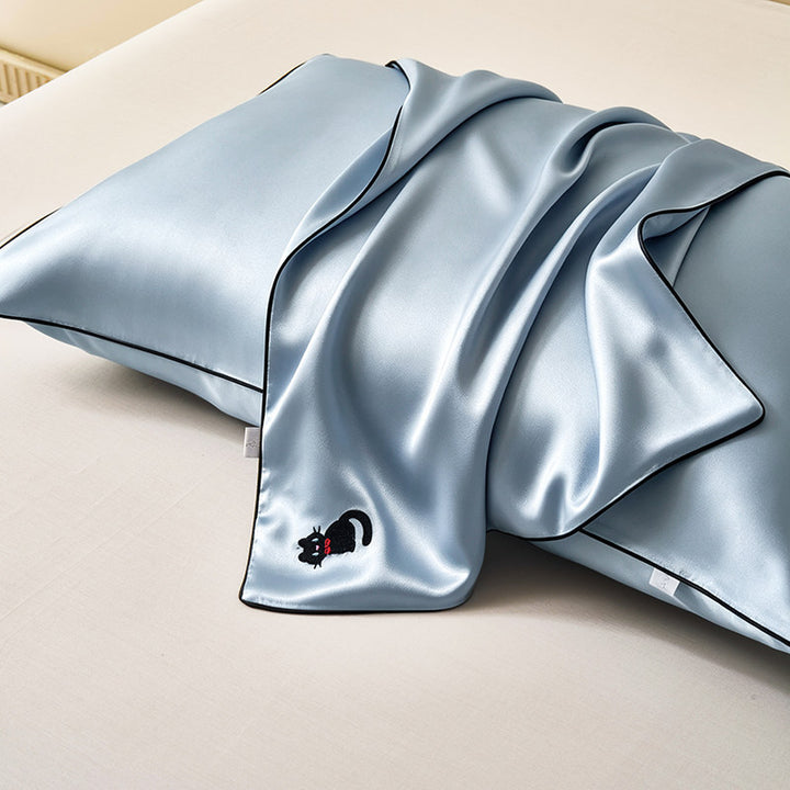 Silky Satin Pillowcase Pair with Contrasting Piping and Corner Cat Embroidery