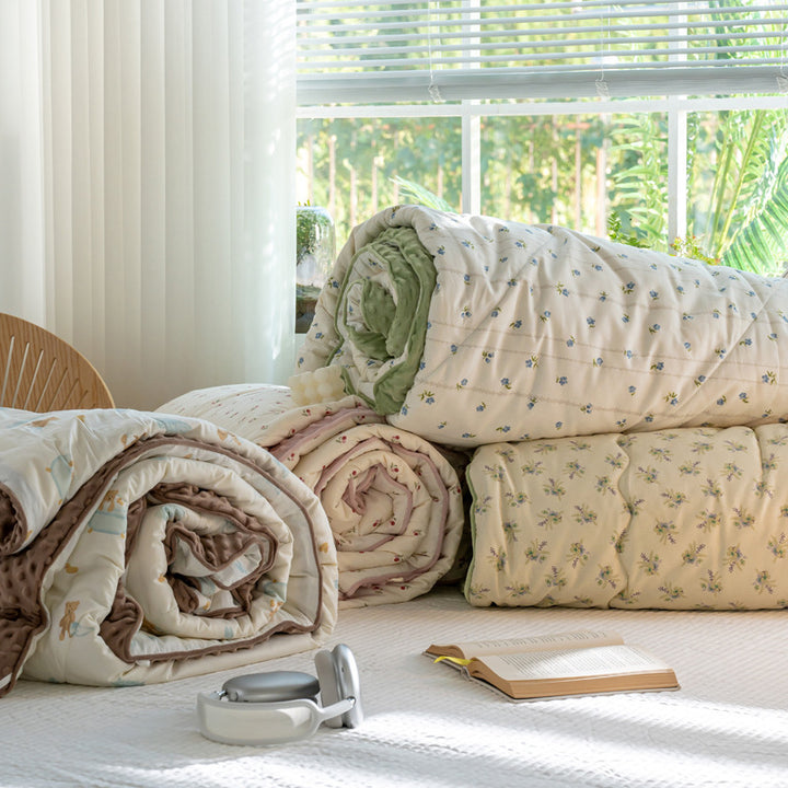 Reversible Cotton-Blend Quilted Floral Duvet-Style Throw with Plush Minky Backing