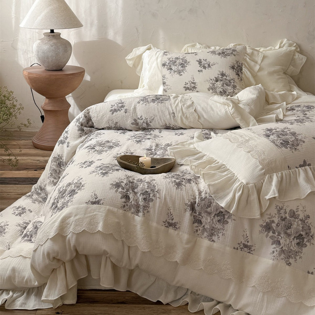 Ruffled Floral Cotton-Gauze Duvet Cover Set with Lace-Trim Pillow Shams