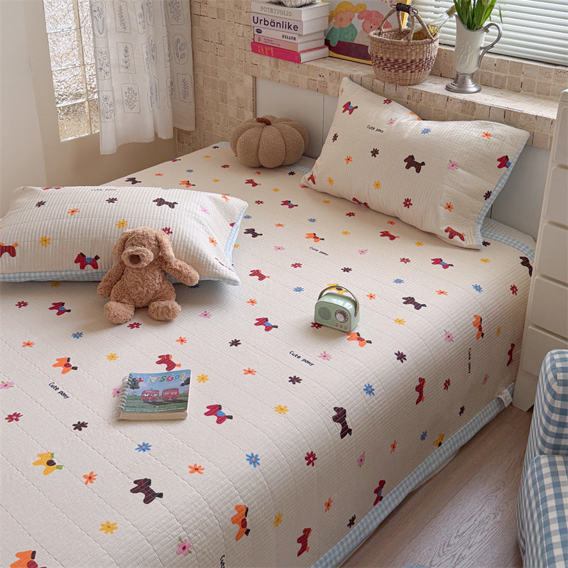 Quilted Cotton Toddler Bed Coverlet Set with Playful Dog and Flower Print and Gingham Trim