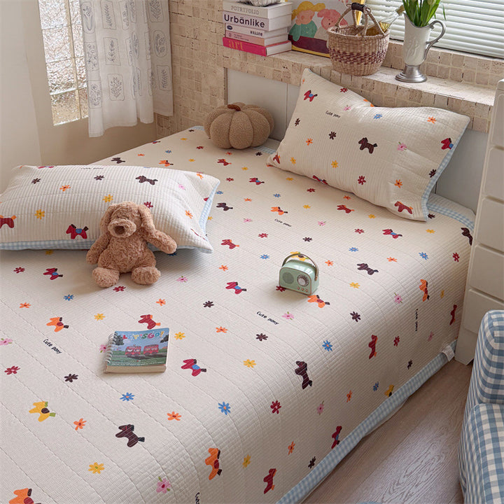 Quilted Cotton Toddler Bed Coverlet Set with Playful Dog and Flower Print and Gingham Trim