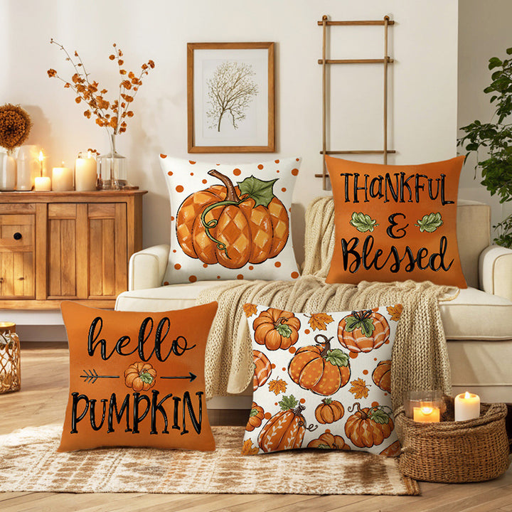 Autumn Harvest Linen-Texture Decorative Throw Pillow Cover with Thankful & Blessed Print