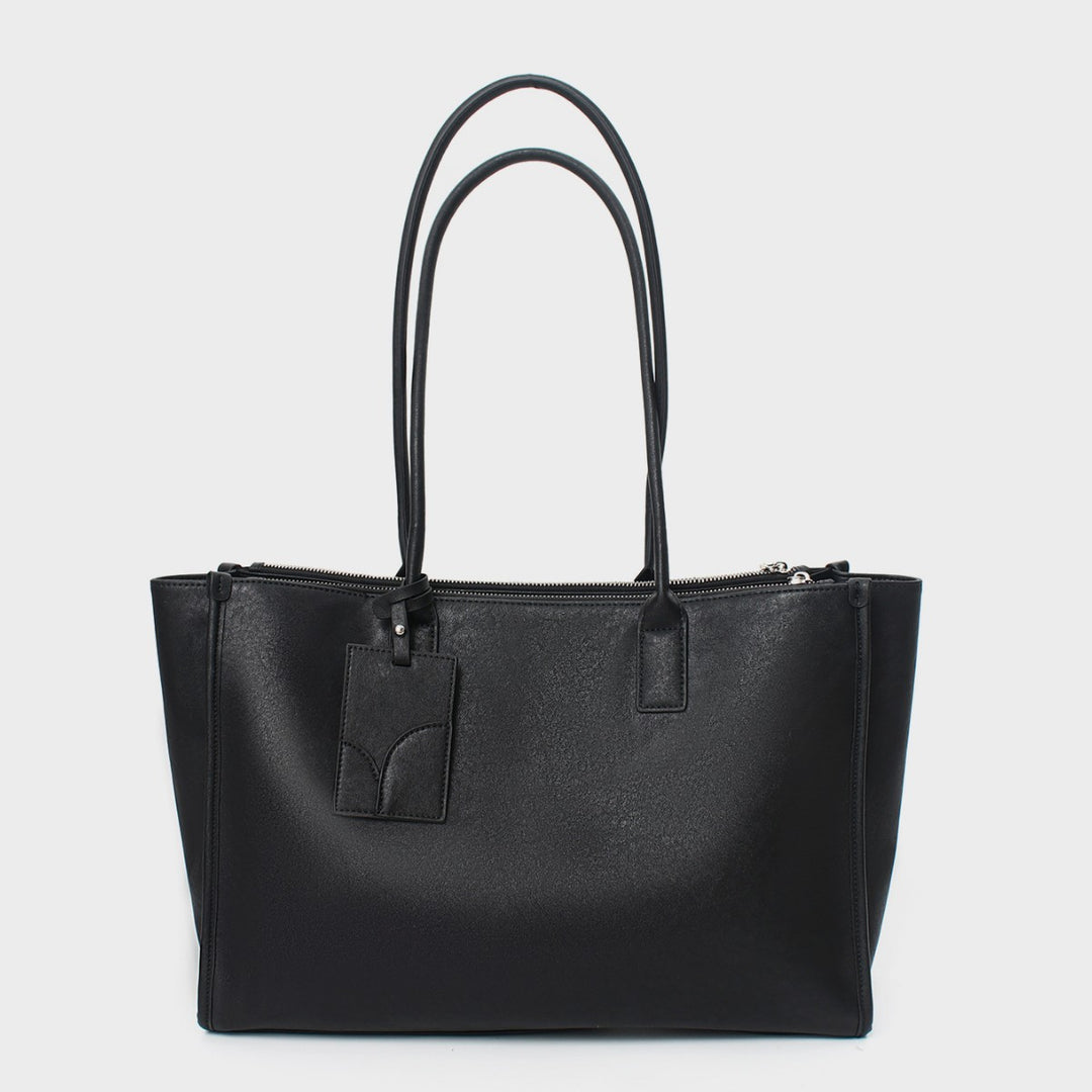 Smooth Vegan Leather Structured Top-Zip Tote with Double Rolled Handles and Luggage Tag