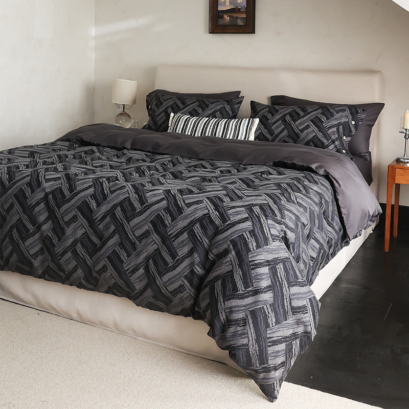 Brushed Cotton-Sateen Reversible Geometric Brushstroke Duvet Cover Set