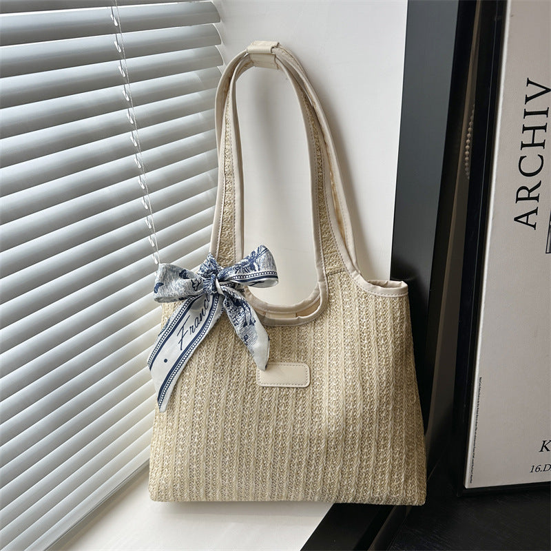 Textured Weave Tote Bag with Elegant Bow Stornfield