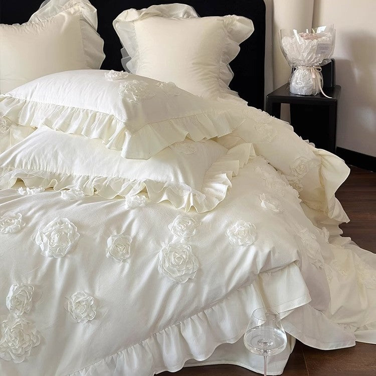 Luxury Appliqué Rose Ruffled Duvet Cover Set with Frilled Pillow Shams