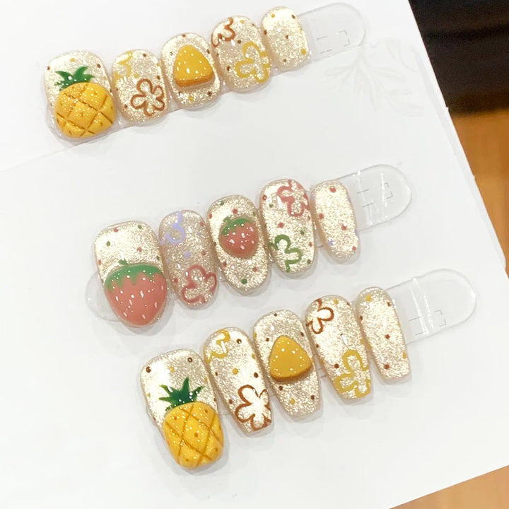 Playful Strawberry and Floral Press-On Nail Art Set