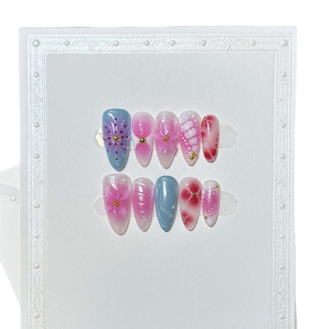 Artistic Press-On Nail Set with Floral and Abstract Designs Stornfield