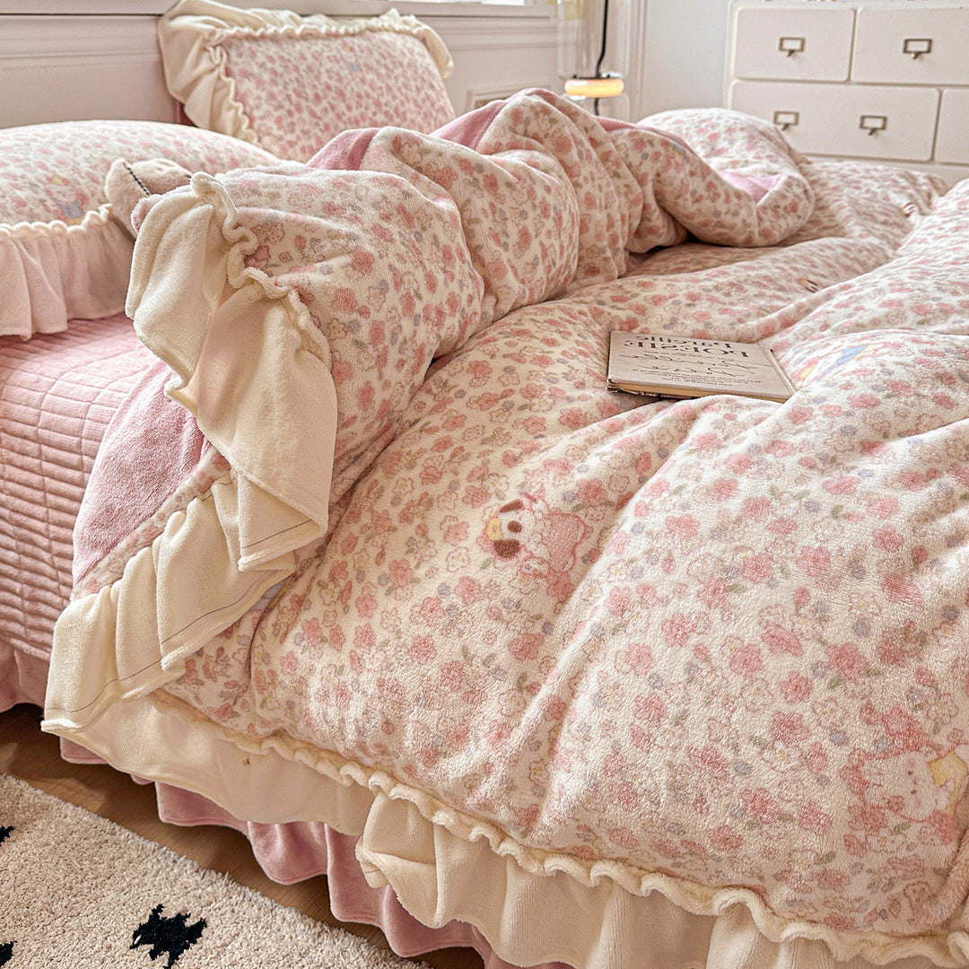 Reversible Plush Floral Comforter Set with Ruffled Skirt and Matching Pillow Shams