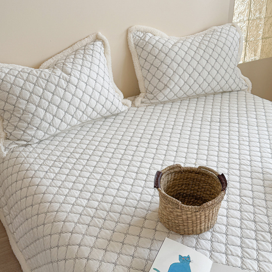 Diamond-Link Quilted Reversible Sherpa-Lined Coverlet and Sham Set