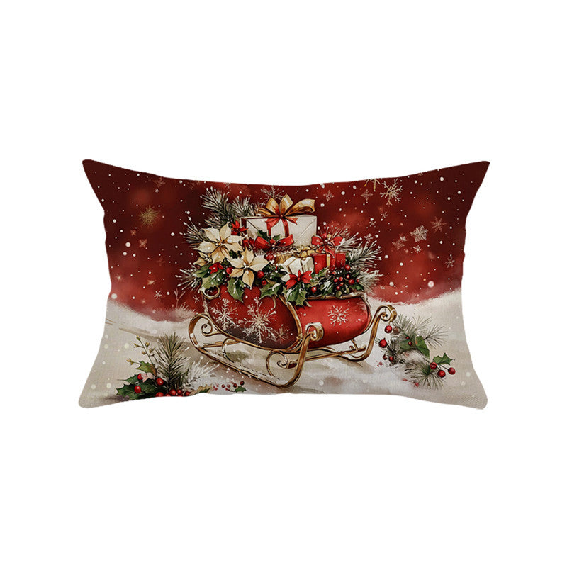 Festive Cotton-Linen Christmas Decorative Rectangular Pillow Cover with Santa Illustration and Hidden Zipper