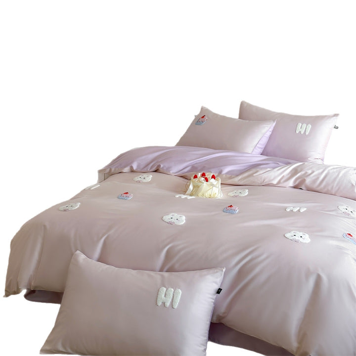 Embroidered Appliqué Satin-Like Duvet Cover Set with Pillow Shams