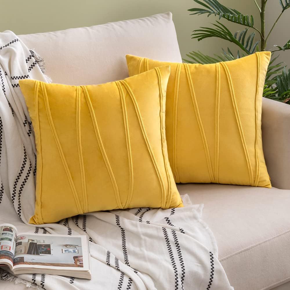 Velvet Pleated Square Decorative Throw Pillow Covers with Channel Stitching