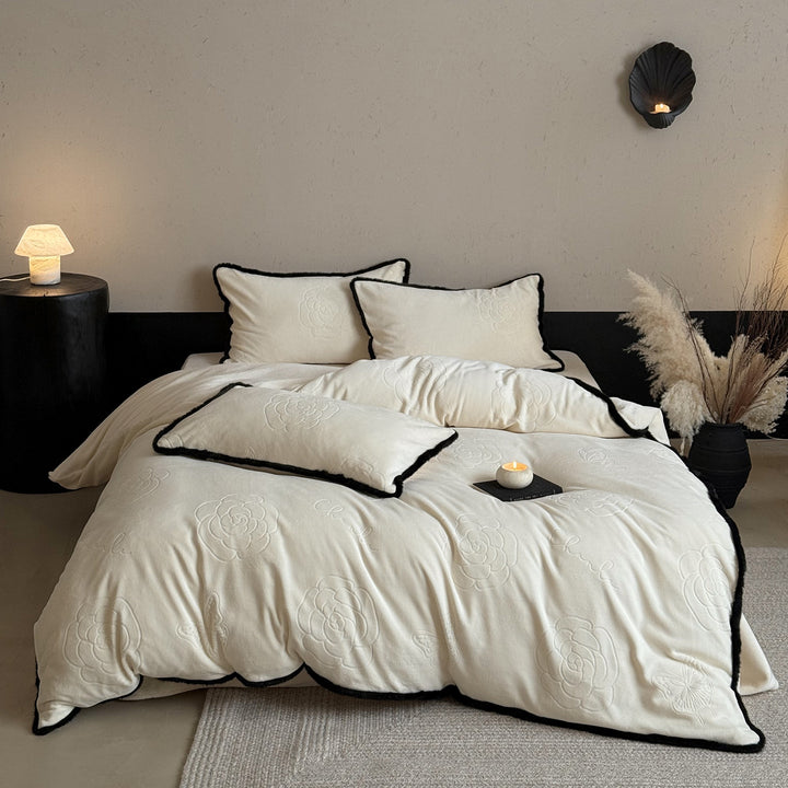 Embossed Velvet-Feel Duvet Cover Set with Contrasting Black Faux-Fur Piping and Decorative Pillow Shams