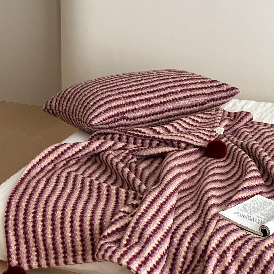 Oversized Striped Mohair Blend Scarf with Pom Pom