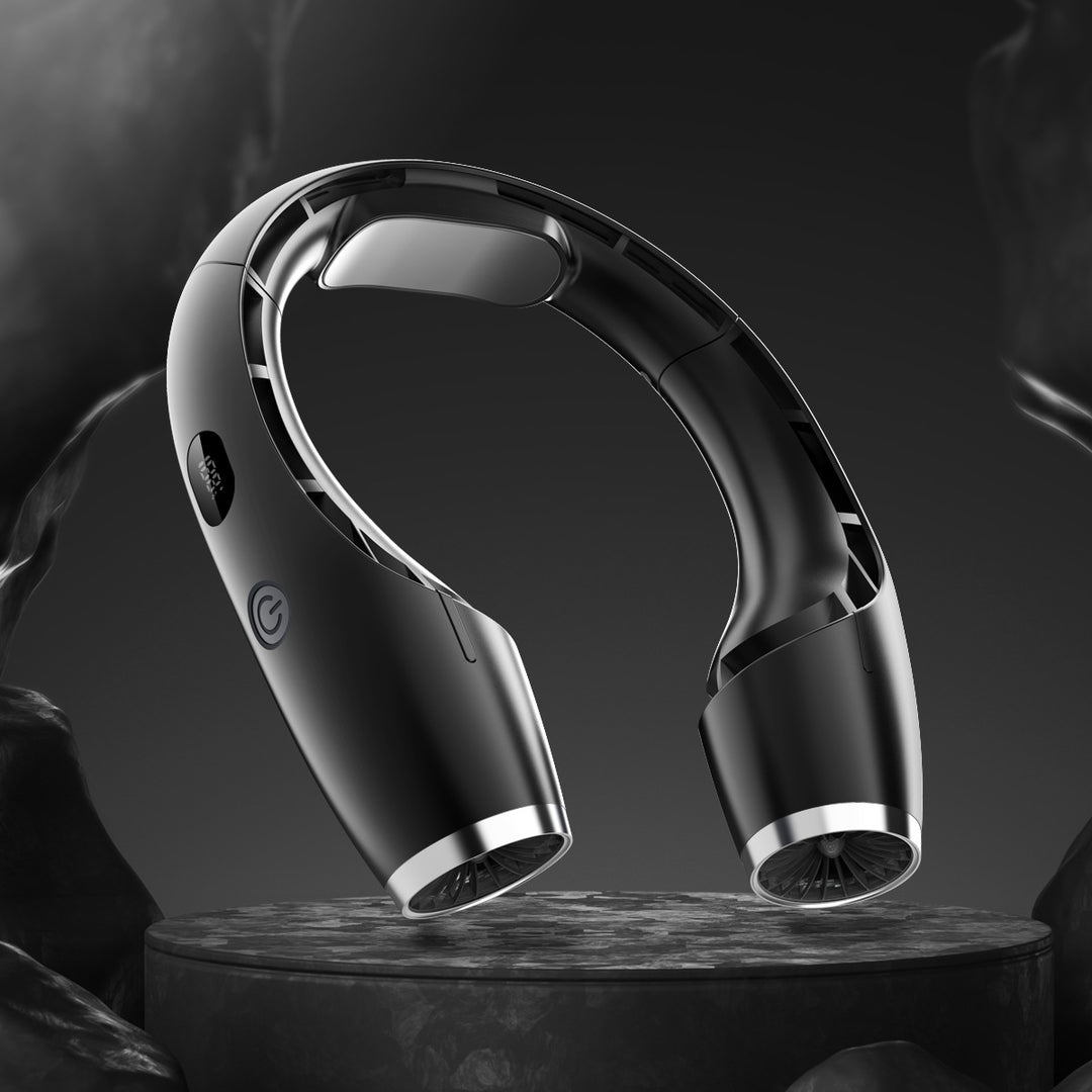 Cooling wearable dual-turbine neck fan with adjustable-angle air outlets and LED battery display Stornfield
