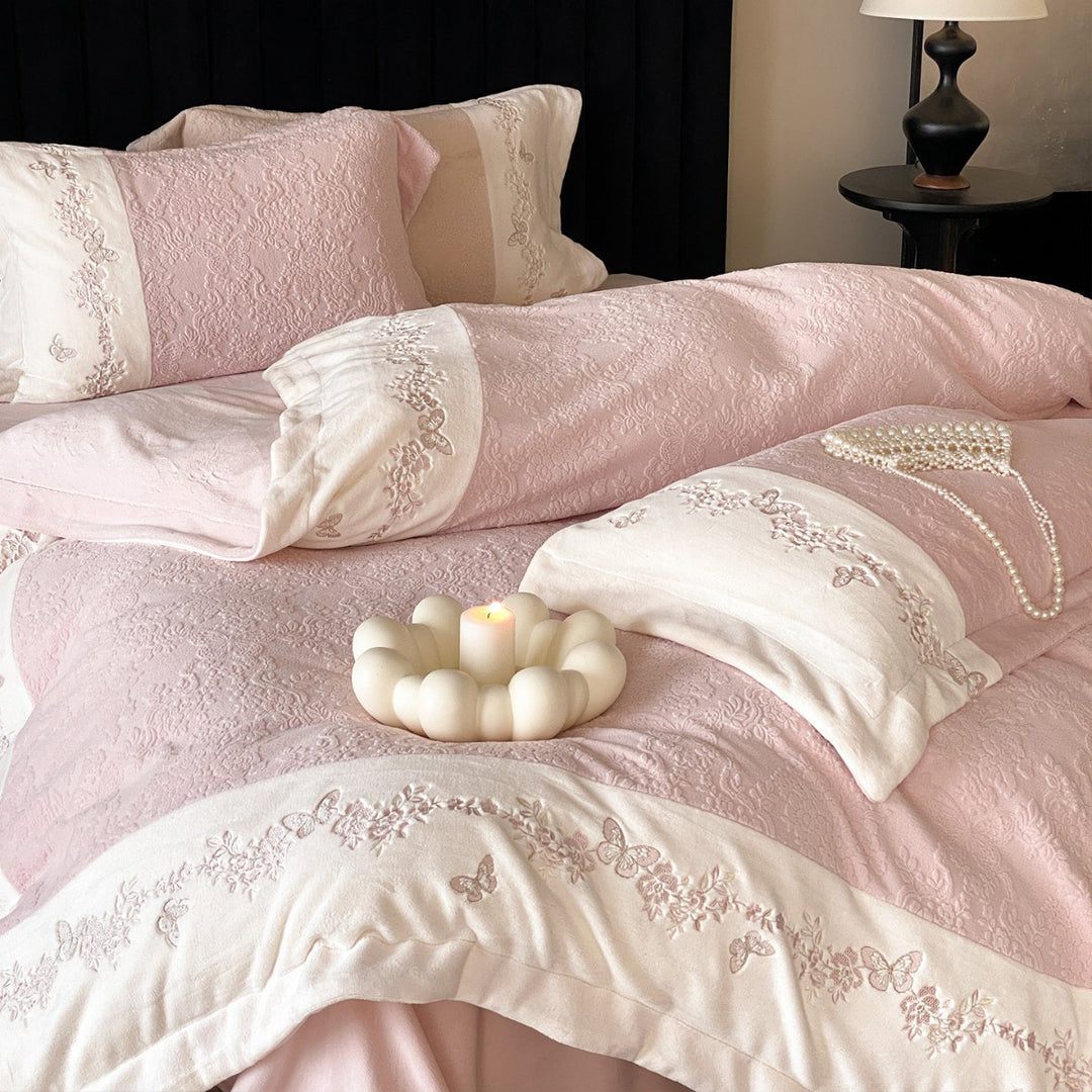 Embroidered Quilted Cotton-Sateen Duvet Cover Set with Floral & Butterfly Motif