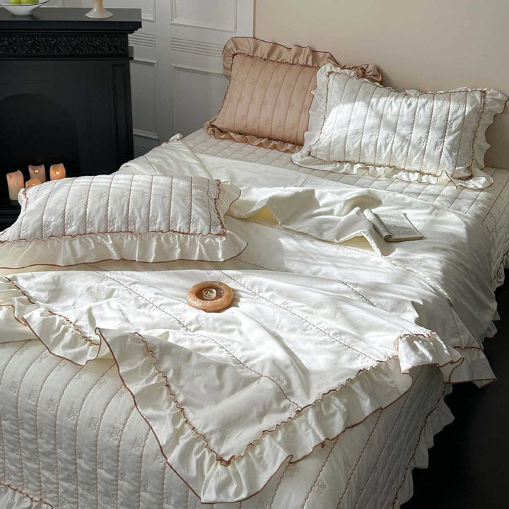 Quilted Ruffled Duvet Cover Set with Satin-Trim Pillow Shams