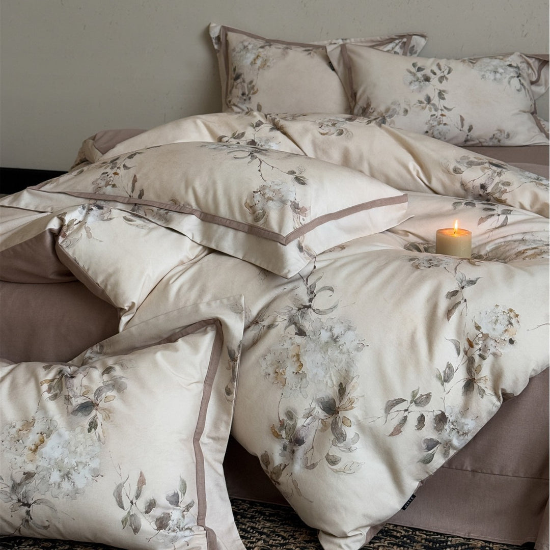 Cotton Sateen Watercolor Floral Duvet Cover Set with Piped Pillow Shams