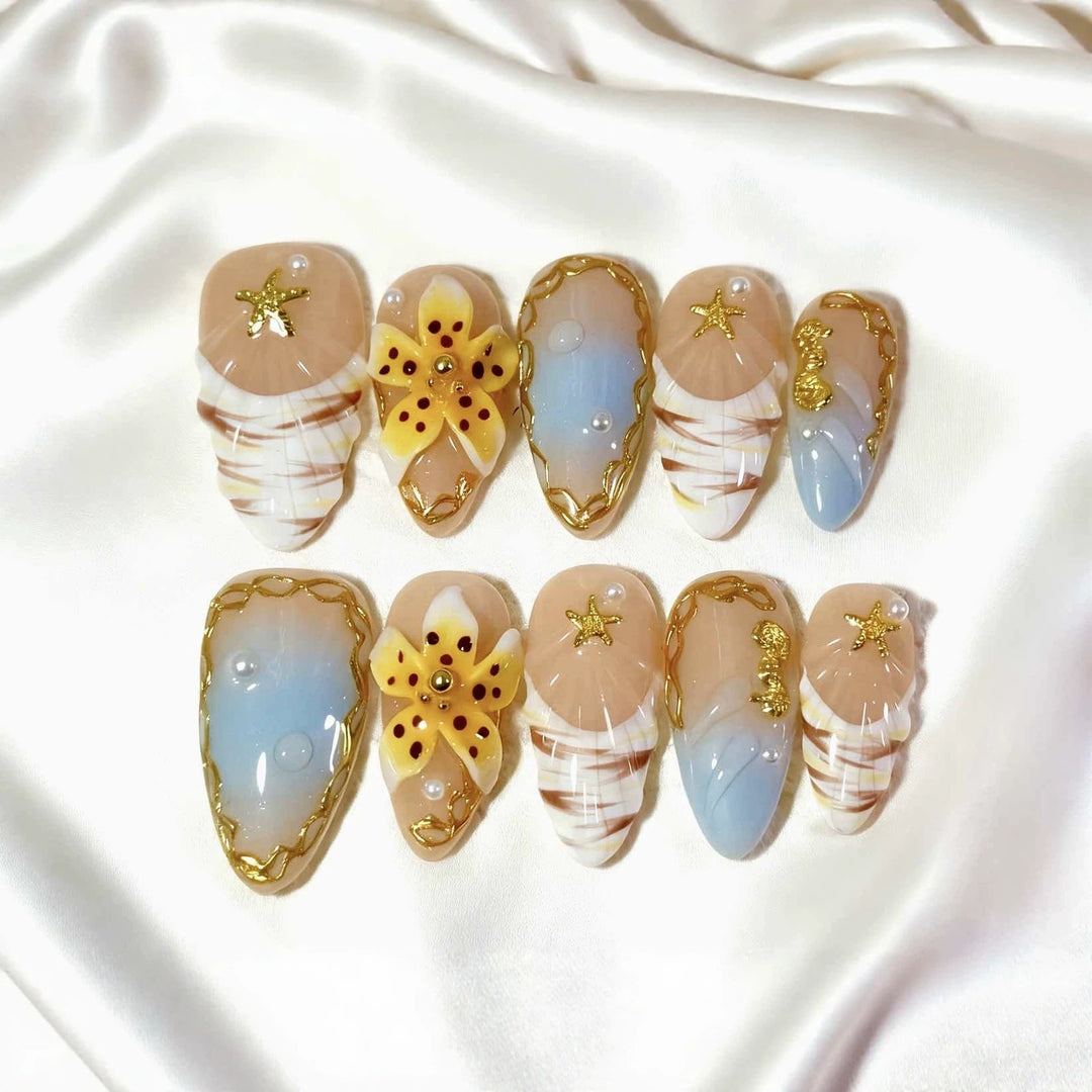 Decorative Press-On Nail Art Set with Ocean-Inspired Themes