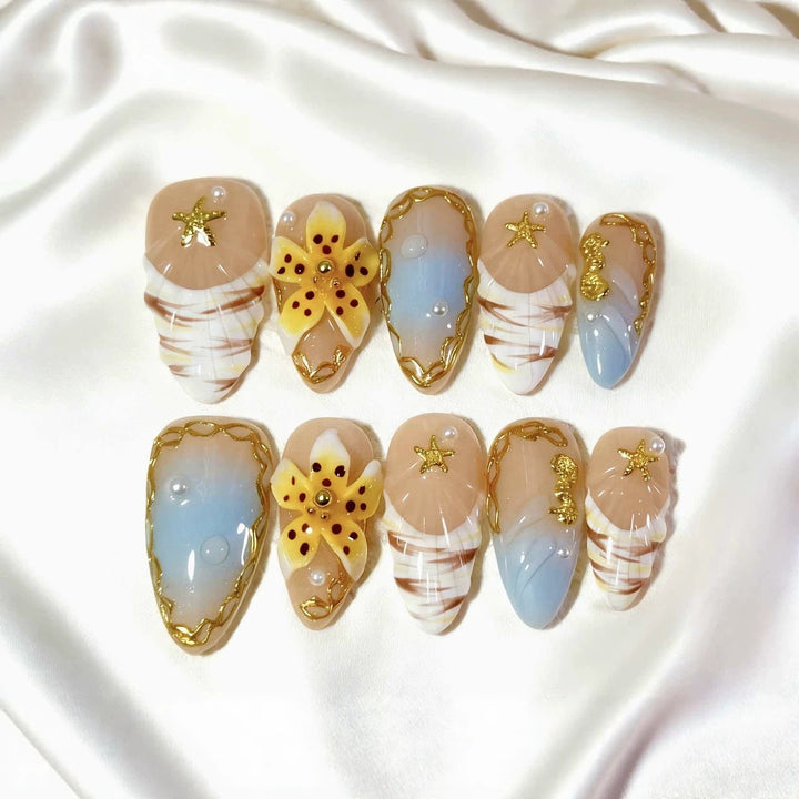 Decorative Press-On Nail Art Set with Ocean-Inspired Themes
