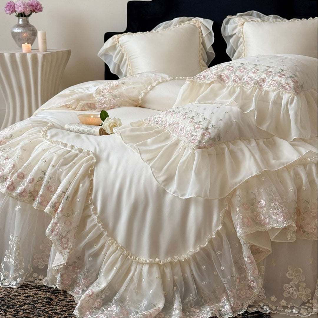 Ruffled Satin-Effect Embroidered Duvet Cover Set with Lace Trim