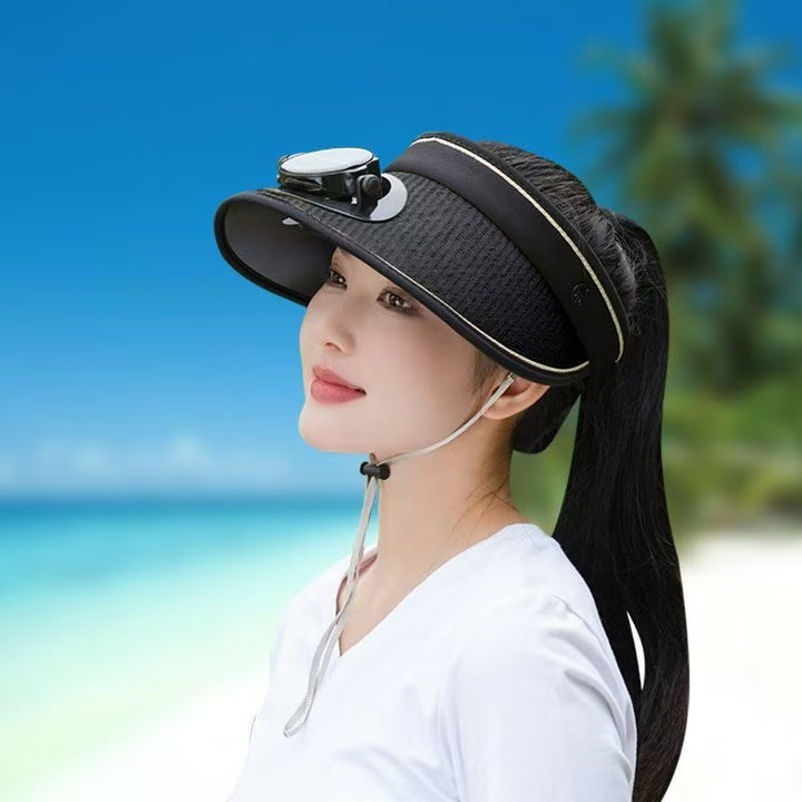 Adjustable sunshade for with removable solar fan and breathable straw effect Stornfield