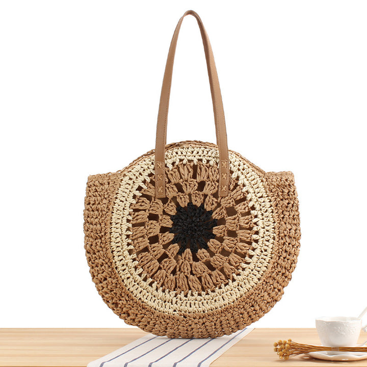 Round Bast Tote Bag with Handwoven Design Stornfield