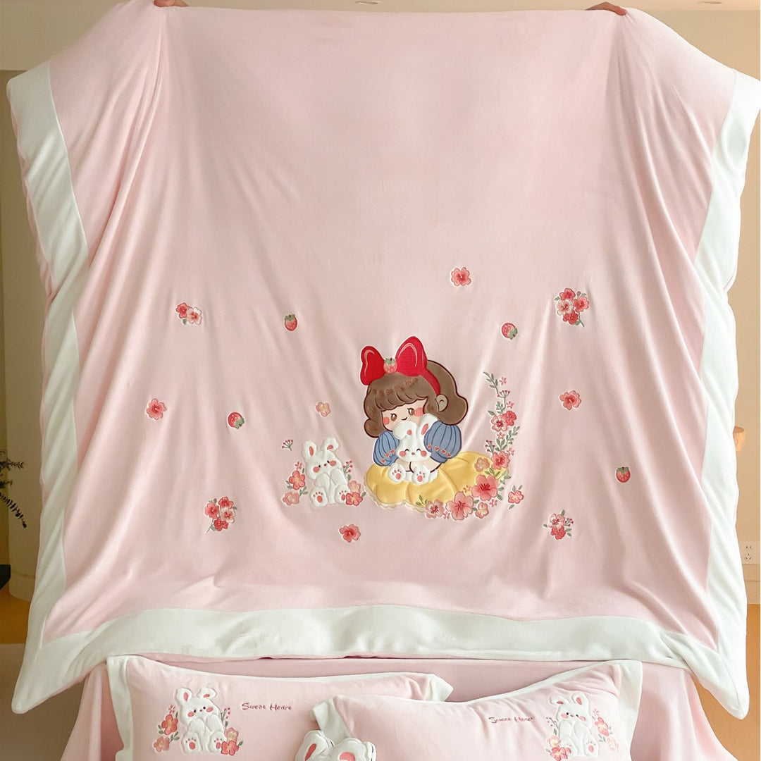 Cartoon Embroidered Duvet Cover Set with Plush Appliqué & Pillow Shams